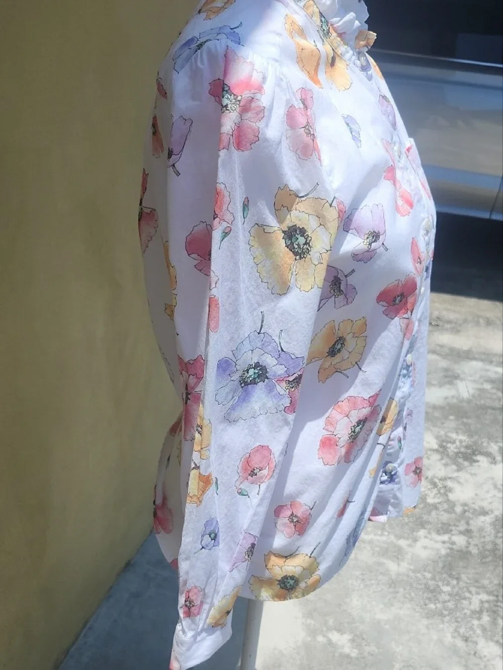 Chico's White Button-Down Shirt with Pink, Yellow & Purple Floral Print